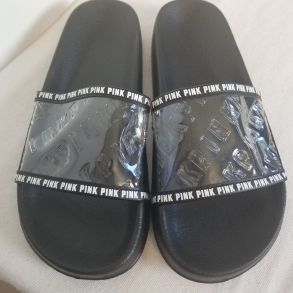 VS PINK Never worn/ new WITHOUT tags slides (slippers) clear and black.